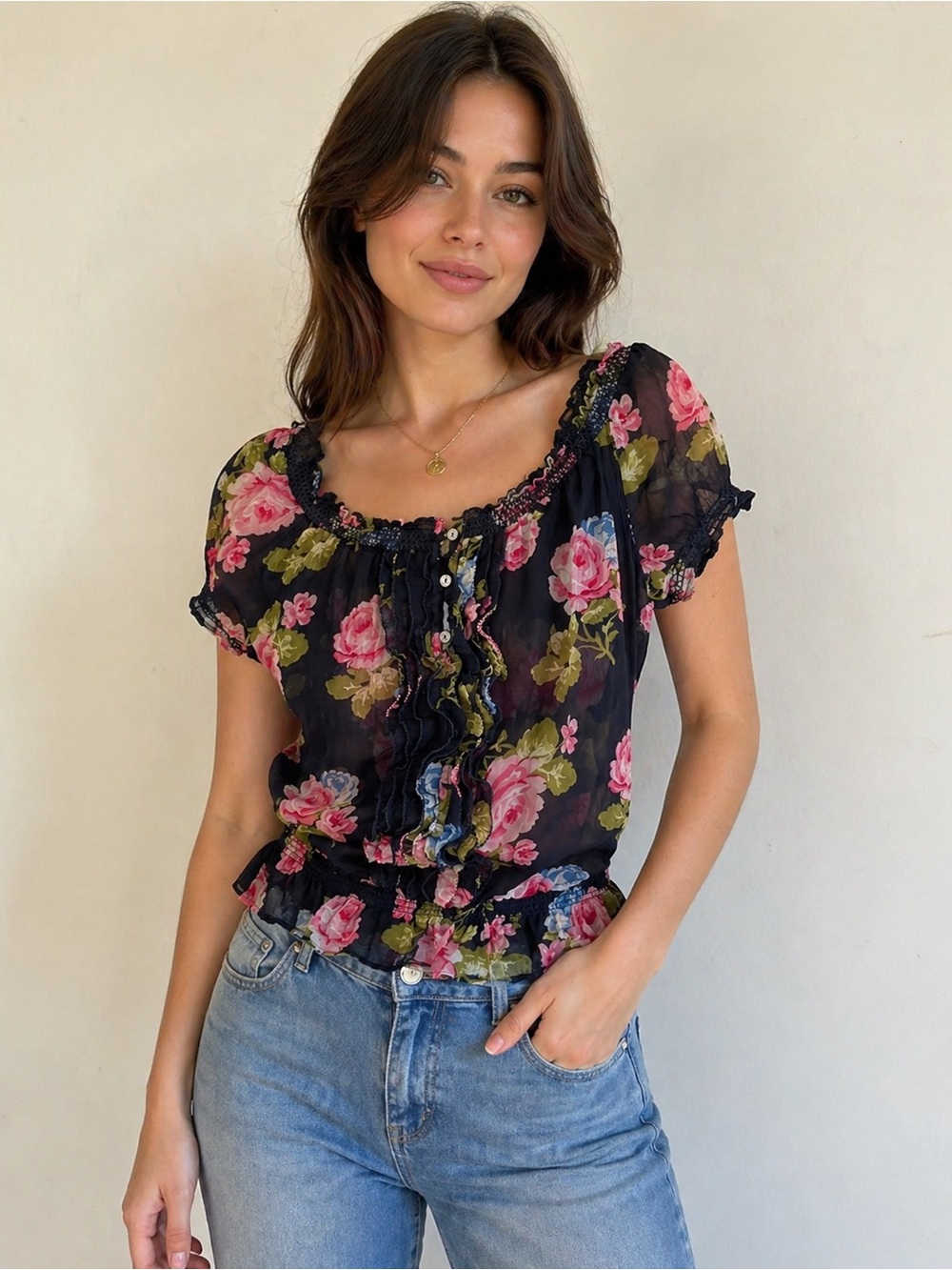 Abercrombie & Fitch Floral Blouse 3Buttons Ruffle an Gathers Sz S